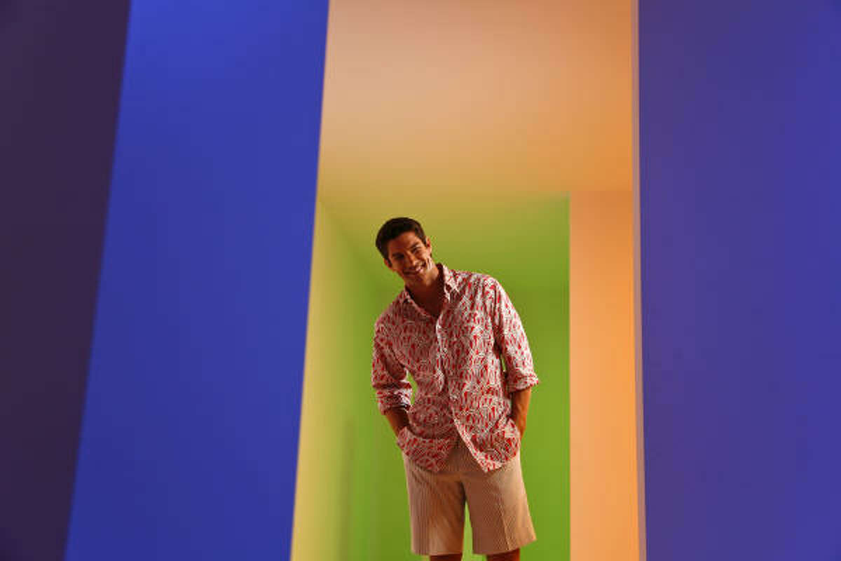 Chronicle photographer Michael Paulsen loved the colored atmosphere of the Carlos Cruz-Diaz installation Chromosaturation. Model Bryan Mitchell of The Neal Hamil Agency looked great everywhere we put him.