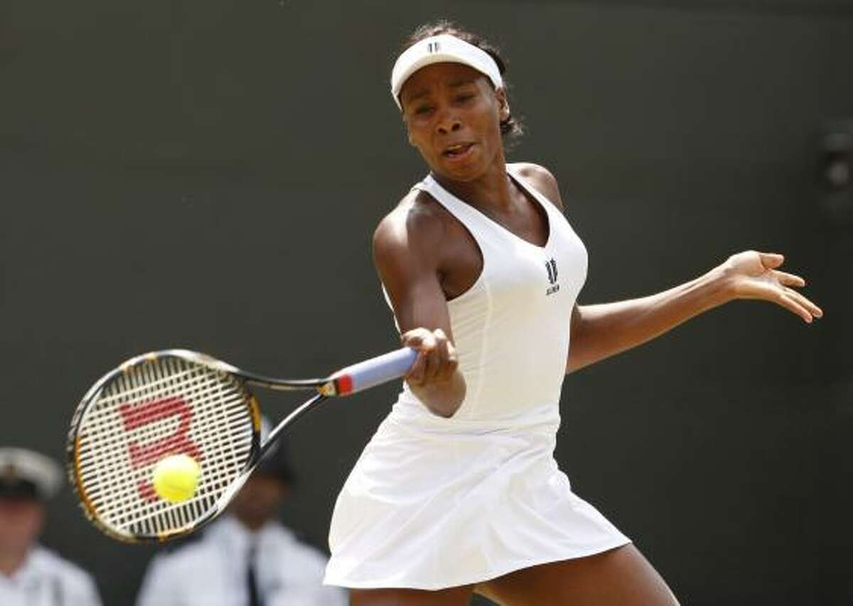Five-time champion Venus Williams advanced to the quarterfinals at Wimbledon after Ana Ivanovic had to quit her match because of a left thigh. Williams, the No. 3 seed, was leading 6-1, 0-1 when Ivanovic had to quit.