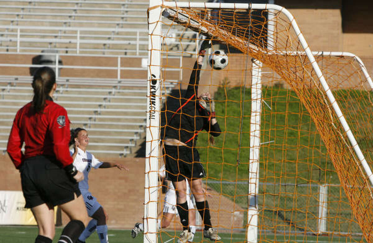 Klein goalkeeper Kelly Roliard is unable to stop a free kick from Cinco Ranch's Kayla Anderson, not pictured, in the first half of a I-10 Shootout Tournament game.