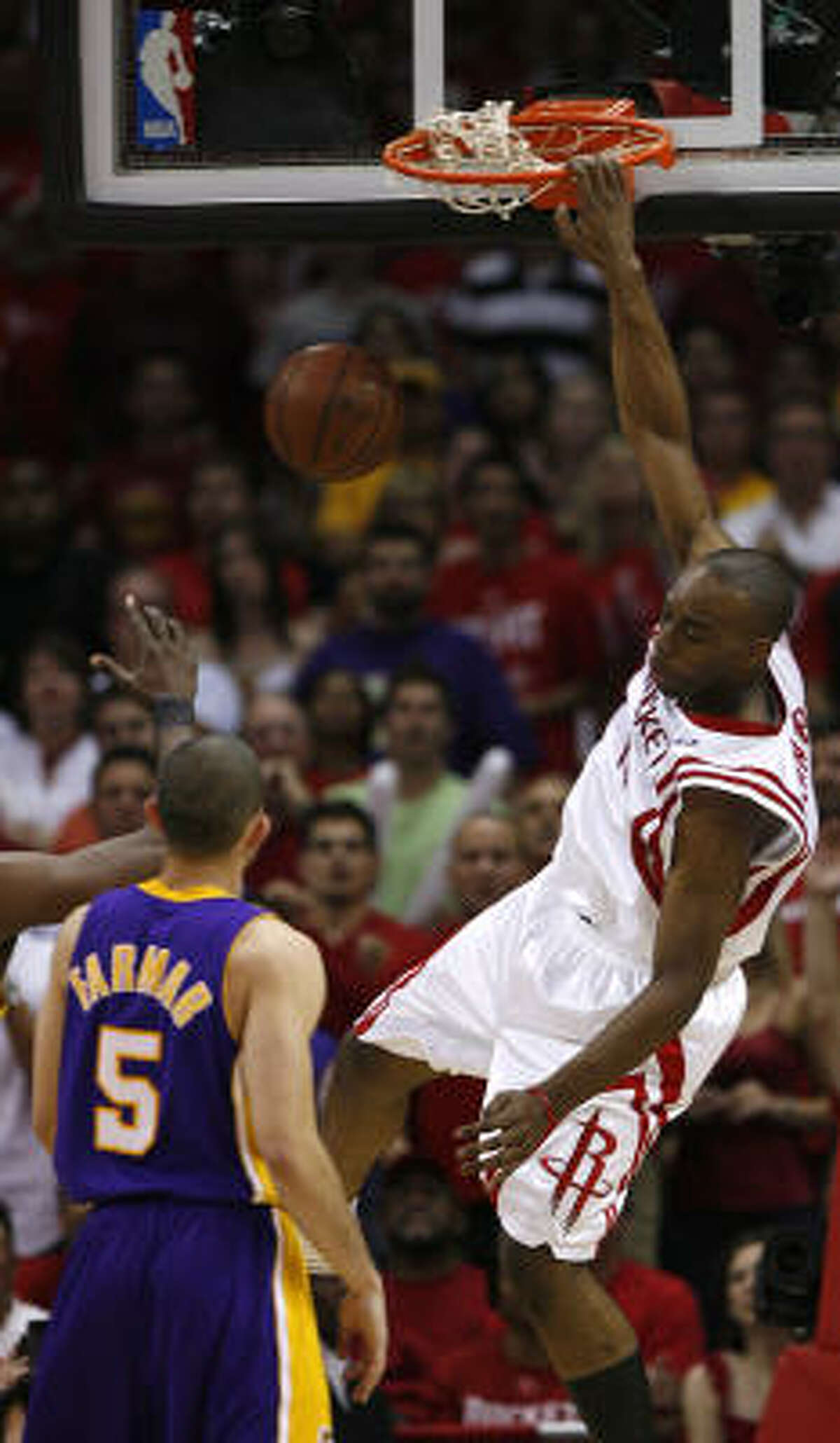 May 14, Game 6: Rockets beat Lakers 95-80 - Aaron Brooks and Luis Scola combined to score 50 to set up the elimination game Sunday in L.A. Carl Landry, shown dunking opposite Lakers guard Jordan Farmar, scored 13 of his 15 points in the second half and had nine rebounds to give the Rockets just the push they needed to finish off the win. Statistics | Series tied 3-3