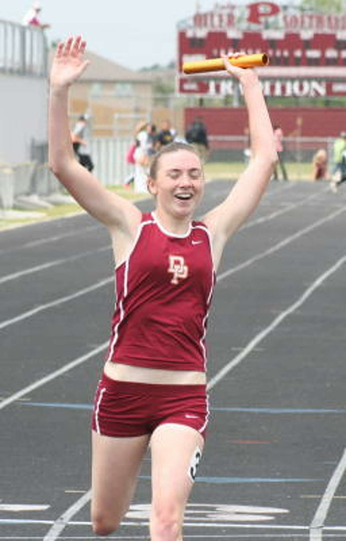 Angela Mikulenka is full of joy as Deer Park gets third in this relay and moves on to regionals.