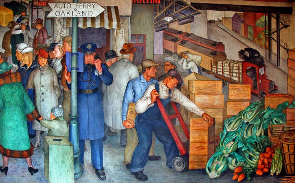 San Francisco is a bustling place in "City Life," one of the murals decorating the ground floor of Coit Tower. When Victor Arnautoff painted the mural, in 1934, San Francisco was still a city of ferry commuters.