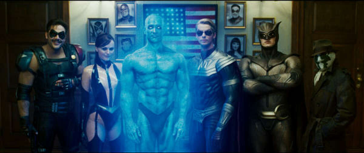 (L-r) JEFFREY DEAN MORGAN as Comedian, MALIN AKERMAN as Silk Spectre II, BILLY CRUDUP as Dr. Manhattan, MATTHEW GOODE as Ozymandias, PATRICK WILSON as Nite Owl II and JACKIE EARLE HALEY as Rorschach in Warner Bros. Picturesí and Paramount Picturesí ìWatchmen." PHOTOGRAPHS TO BE USED SOLELY FOR ADVERTISING, PROMOTION, PUBLICITY OR REVIEWS OF THIS SPECIFIC MOTION PICTURE AND TO REMAIN THE PROPERTY OF THE STUDIO. NOT FOR SALE OR REDISTRIBUTION.