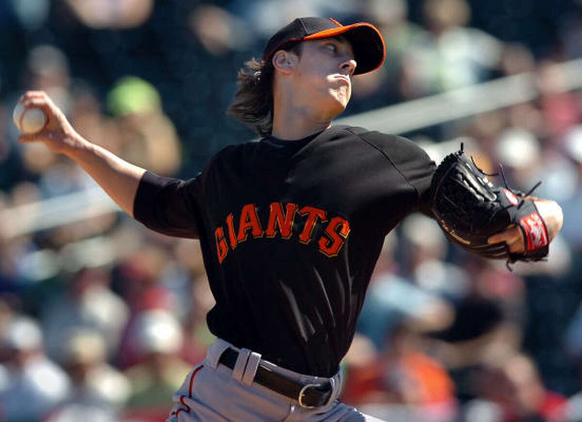 San Francisco Giants pitcher Tim Lincecum worked one scoreless inning against the Cleveland Indians during a Giants Cactus League spring training opener in Goodyear, Arizona. The Giants defeated the Indians, 10-7.