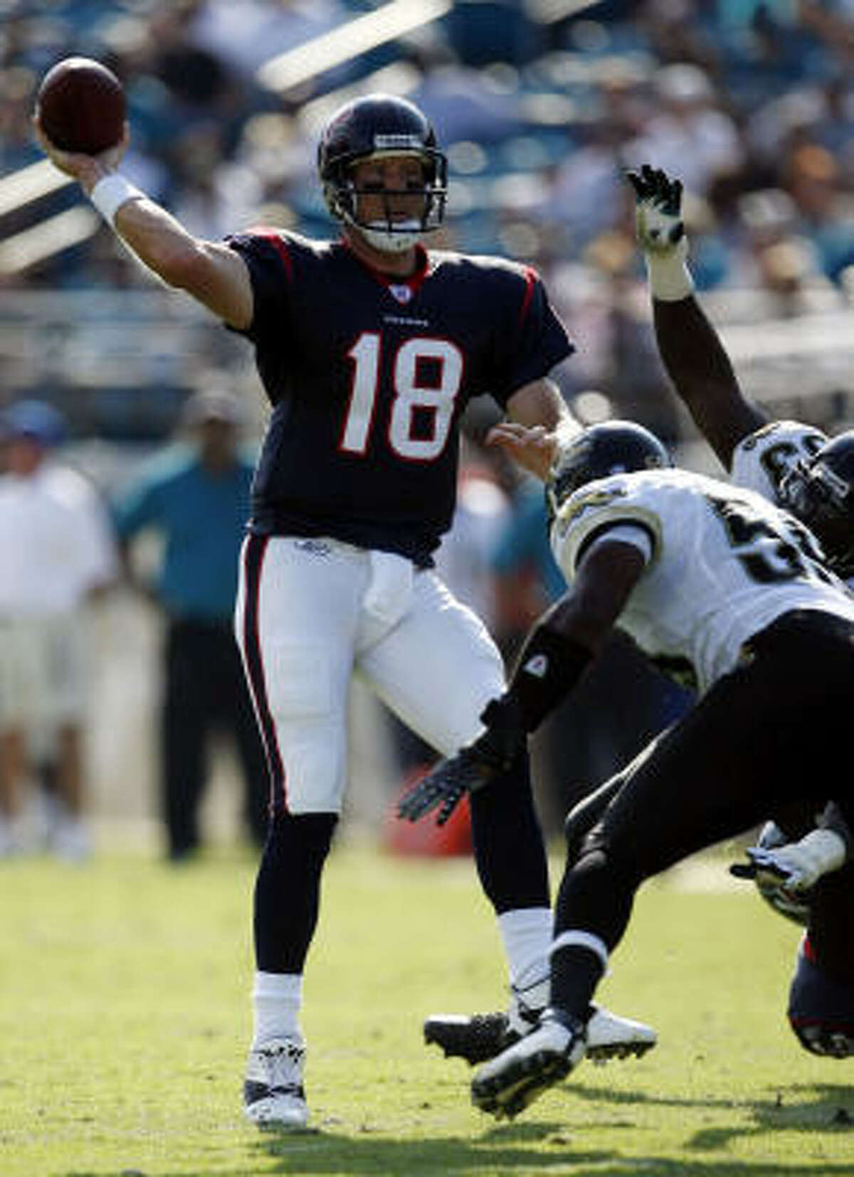 Oct. 14, 2007 | Texans vs. Jaguars: The first time Sage Rosenfels stepped in for Matt Schaub was in the 37-17 Houston loss to Jacksonville last season. Rosenfels completed 11-of-12 attempts for 82 yards.