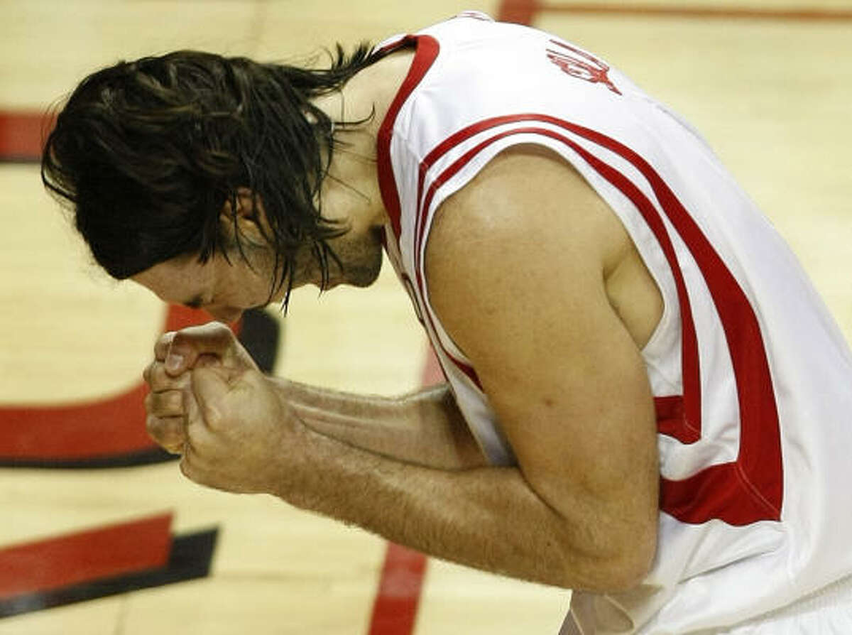 Luis Scola reacts to a foul called against him during the second half.