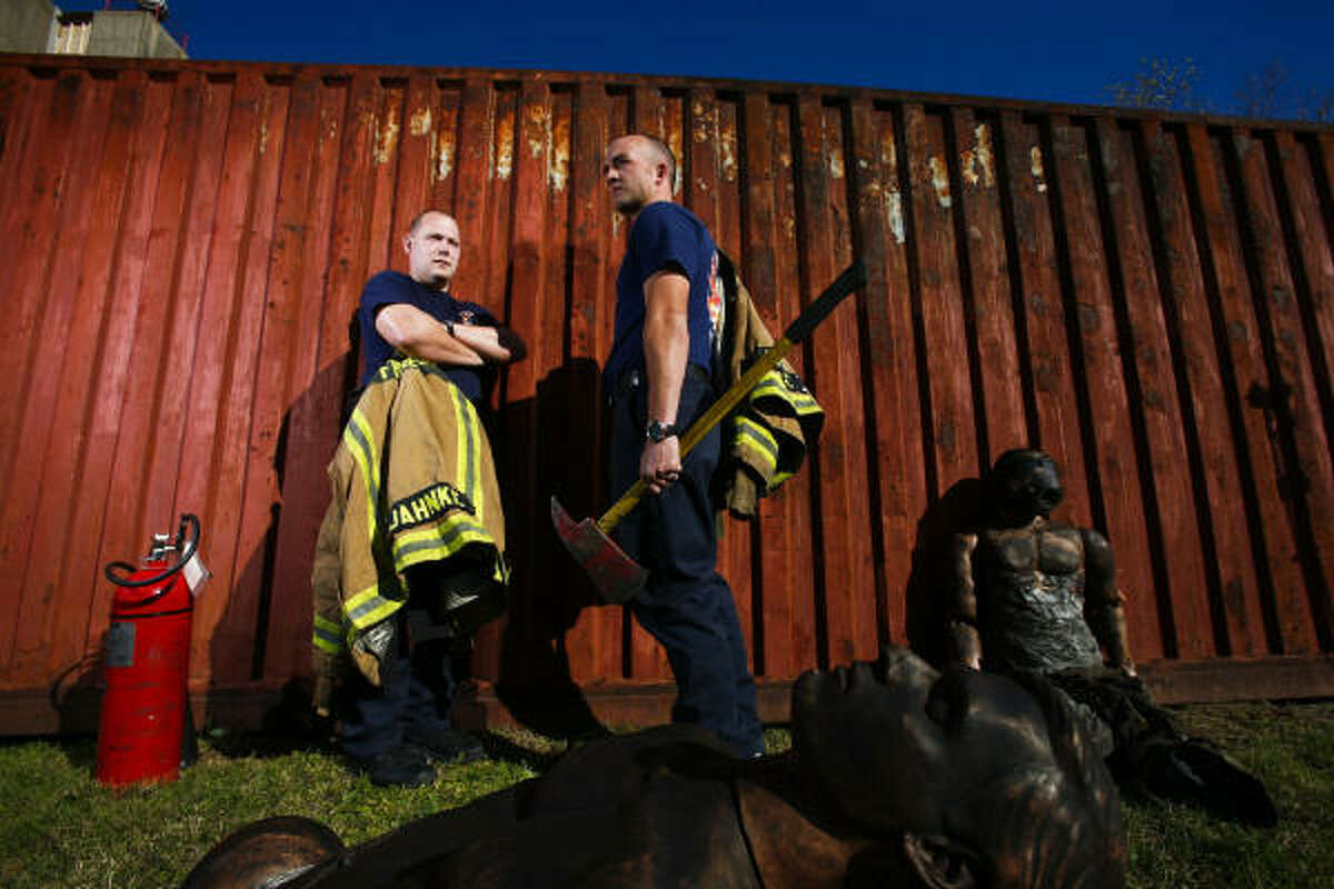 Chris Jahnke, left, and his cousin Greg Jahnke are two cadets in HFD’s current class of recruits learning to fight fires at the HFD training center named for one of their relatives.