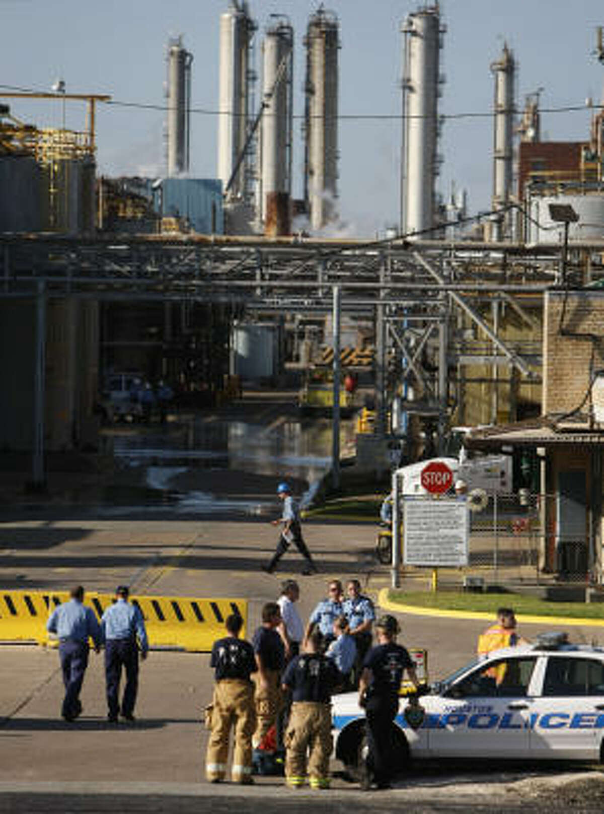 Firefighters and police responded at the Goodyear chemical plant in southeast Houston after a cooling unit exploded, injuring six workers and releasing ammonia fumes.