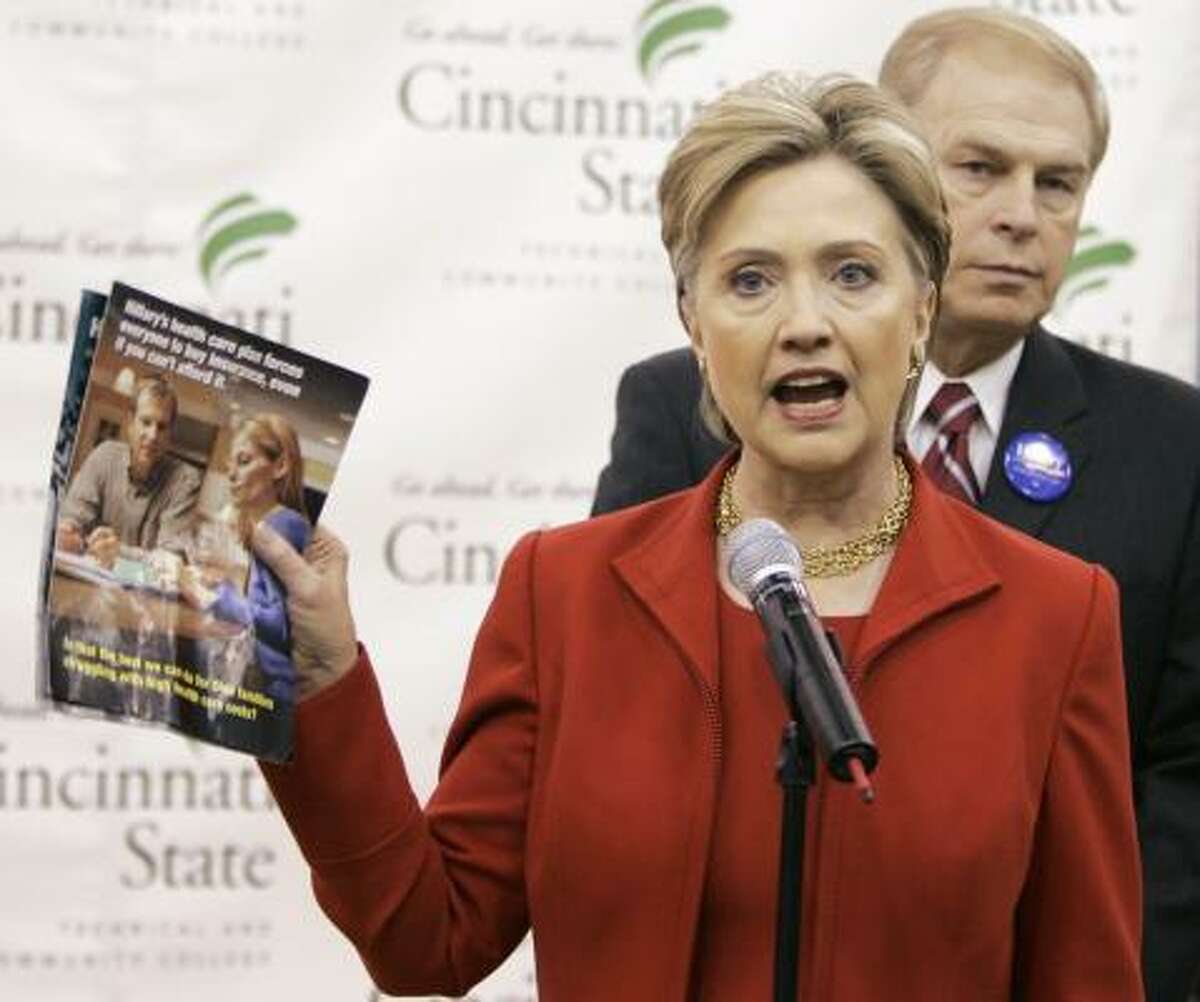 Sen. Hillary Rodham Clinton lashes out at Barack Obama during a news conference in Cincinnati, Ohio, on Saturday.