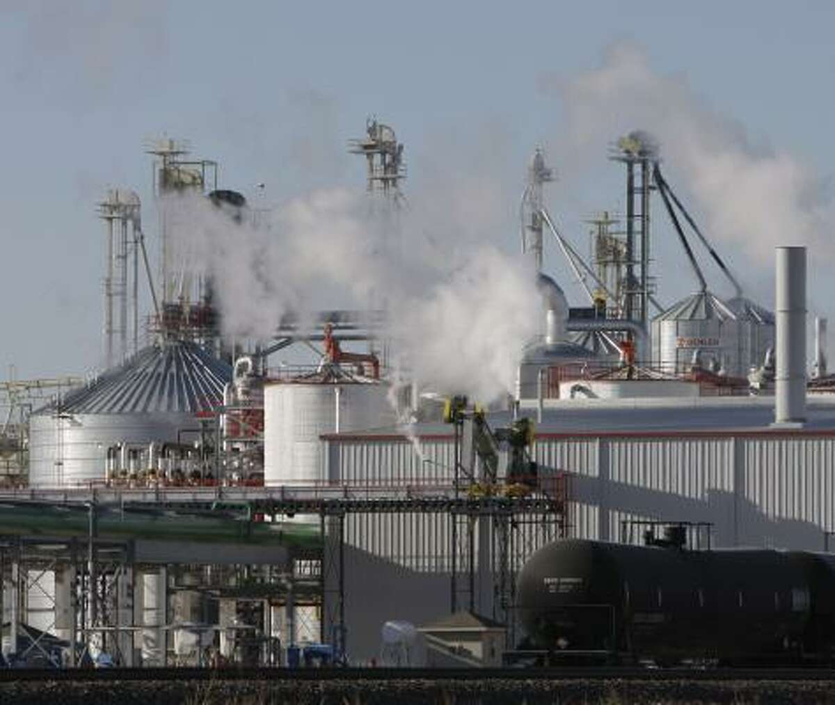 Tanker cars prepare to transport corn-based ethanol from the White Energy facility in Hereford.