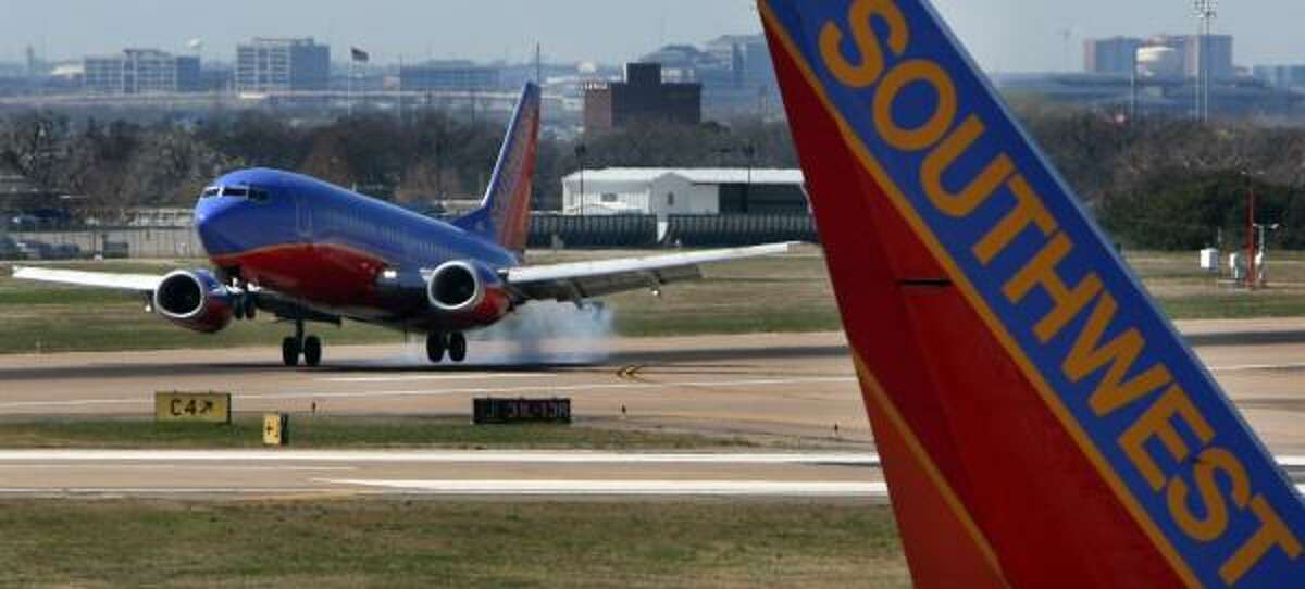 A Southwest Airlines flight takes off in Dallas. The airline canceled some flights Wednesday in its network, including at Hobby Airport, while planes are being reinspected.