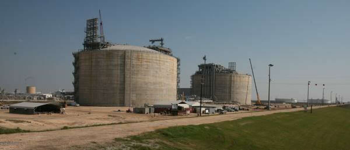 Construction continues on storage tanks at the Freeport LNG terminal, which are scheduled to be ready by Thursday.