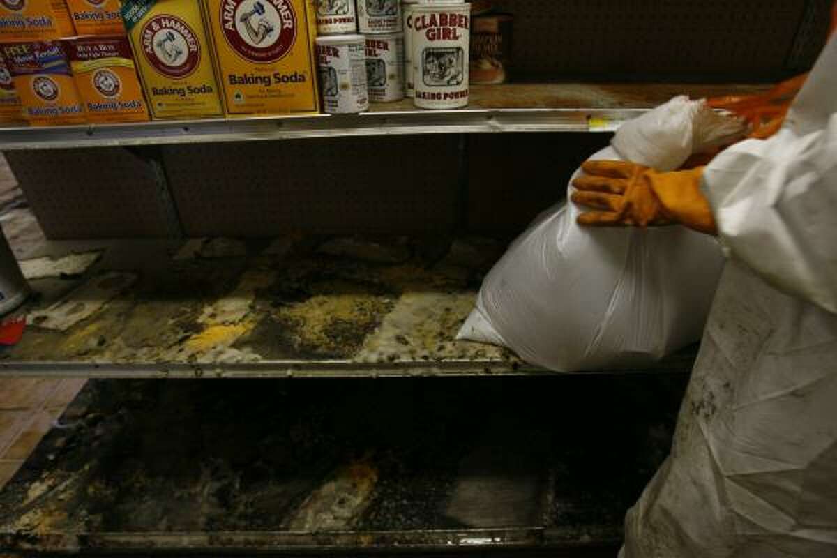 Mold coats the shelves of Maya's Grocery in Galveston on Saturday as the Ochoa family cleans up from the storm.