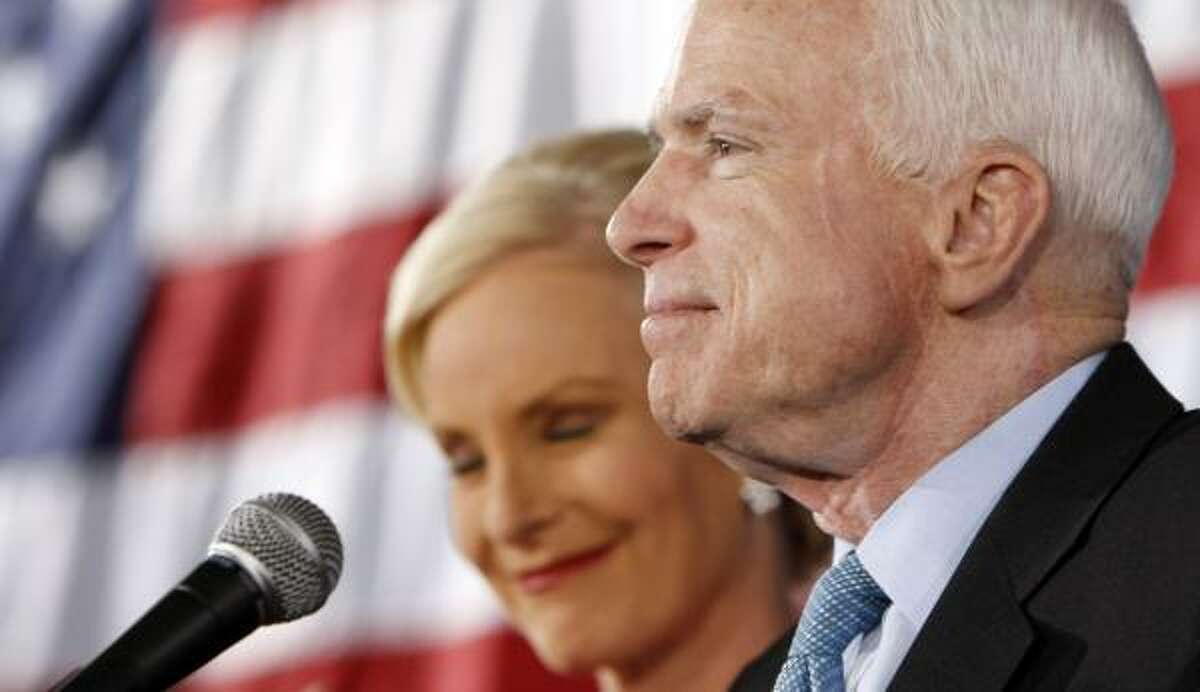 Presidential hopeful Sen. John McCain, R-Ariz., celebrates Tuesday in Columbus after winning the Wisconsin presidential primary.