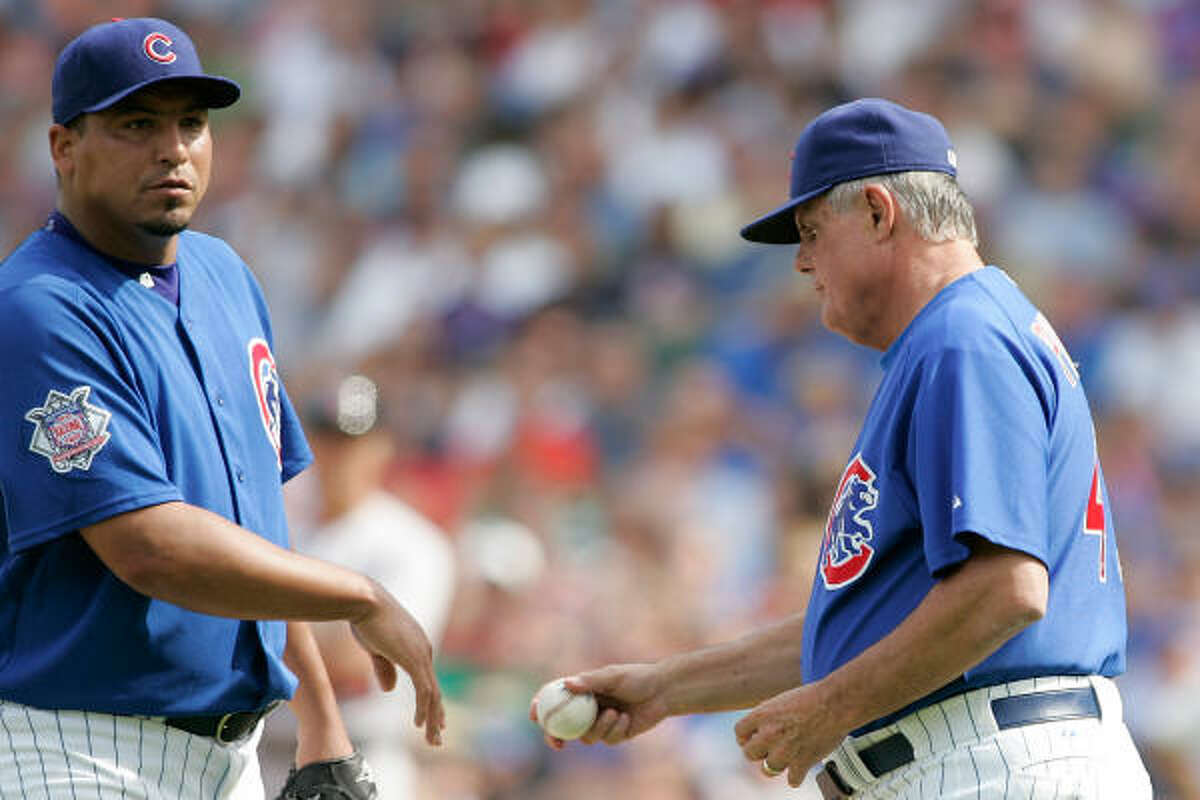 Carlos Zambrano is replaced. According to the AP's Andrew Seligman, the pitcher tried to come off the mound early when Lou Piniella yanked him. The manager wouldn't allow it, and Zambrano gestured toward him before handing over the ball on the way to the dugout.