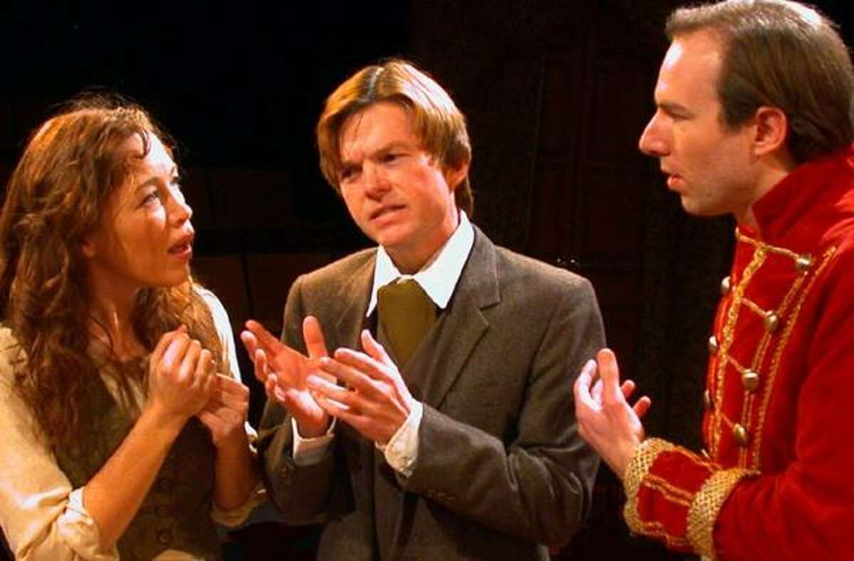 Joel Sandel stars as Owen (center), who attempts to translate for Maire and Lieutenant Yolland.