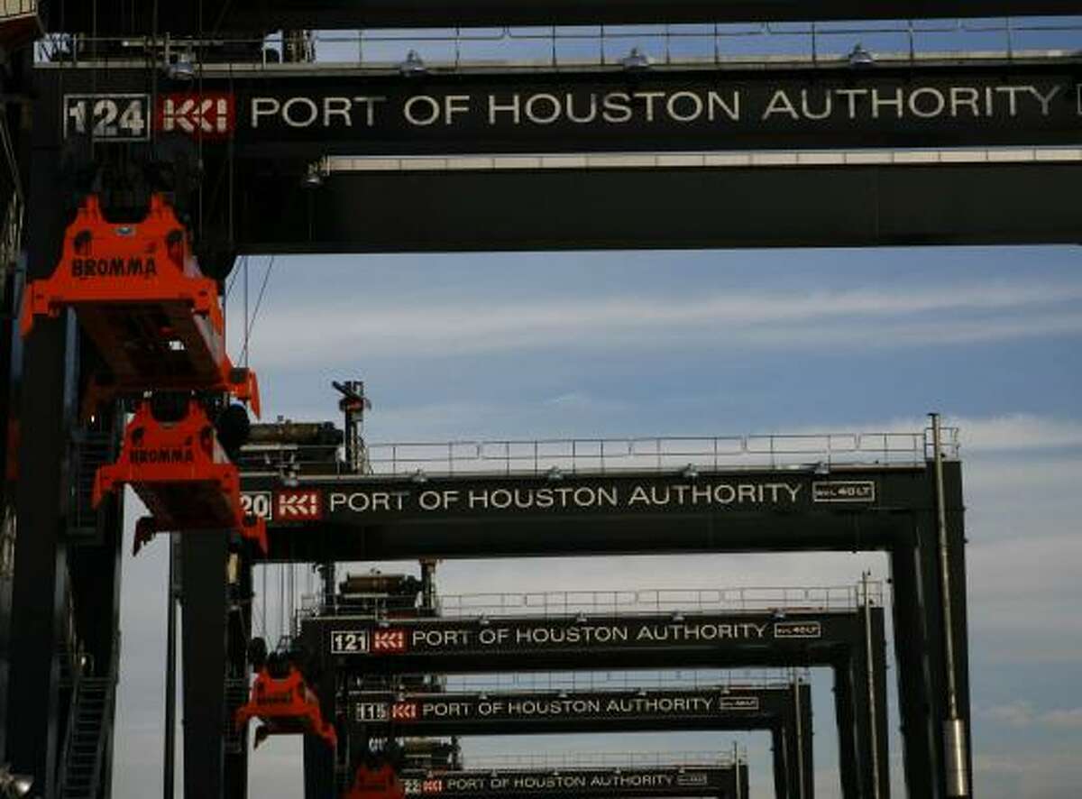 Cranes line the Bayport terminal at the Port of Houston. 