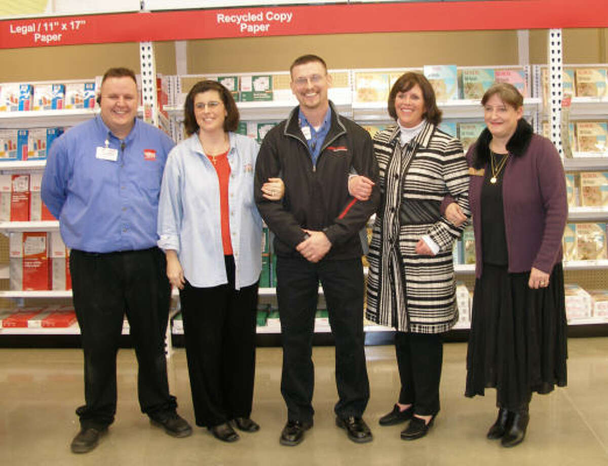 TheOffice Depot in Atascocita presented $500 in store merchandise to three local nonprofits during opening ceremonies. On hand were, from left, Jason Dyches, Jennifer Dantzler, Chris Wilkes, Mary Green, and Eva Leisenheimer.