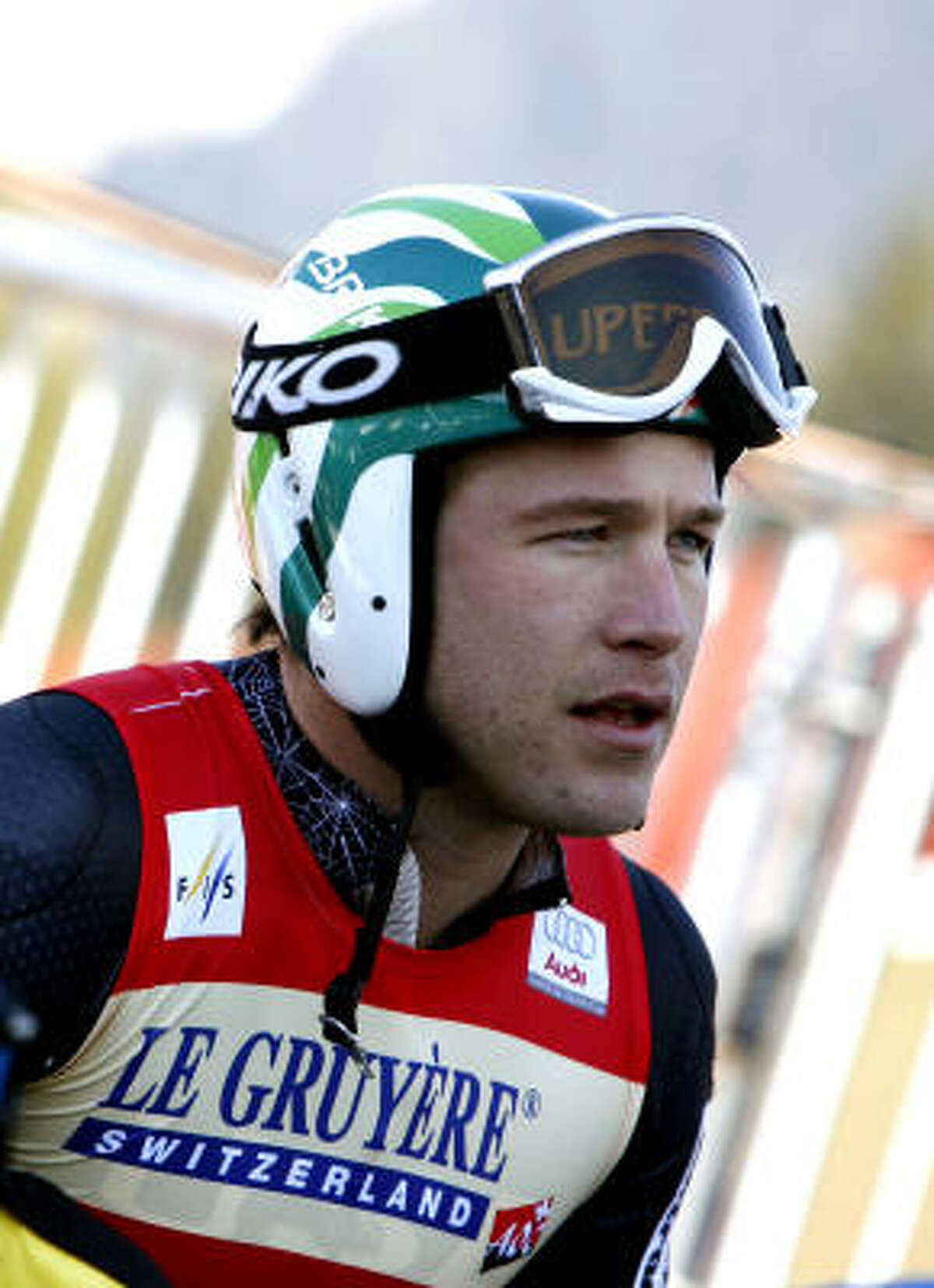 Bode Miller of the United States peers back at the course today in Lenzerheide, Switzerland, shortly after making his final Super-G run.
