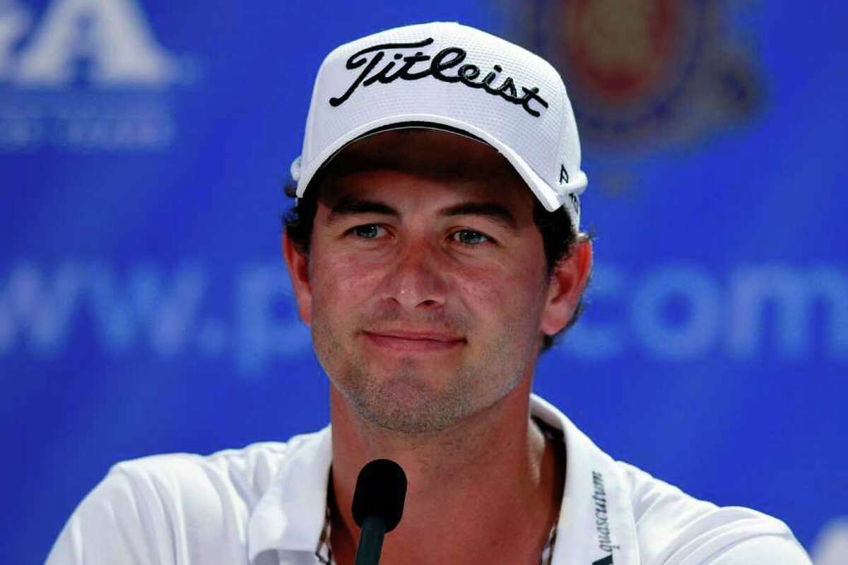 JOHNS CREEK, GA - AUGUST 09: Adam Scott of Australia speaks to the media at a press conference during a practice round prior to the start of the 93rd PGA Championship at the Atlanta Athletic Club on August 9, 2011 in Johns Creek, Georgia. (Photo by Scott Halleran/Getty Images)