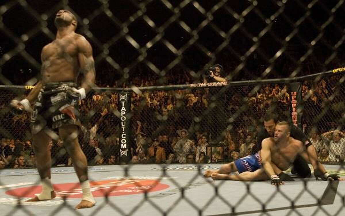 Quinton "Rampage" Jackson, left, became the only fighter with two victories over Chuck "The Iceman" Liddell after he beat the light heavyweight champion by technical knockout at UFC 71.
