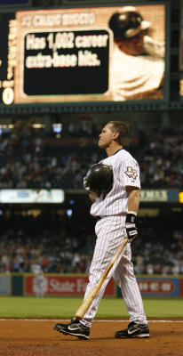 Houston Astros Craig Biggio gazes off into the outfield following their  game against the Los Angeles Dodgers at Minute Maid Park in Houston on July  24, 2007. Biggio announced his retirement from