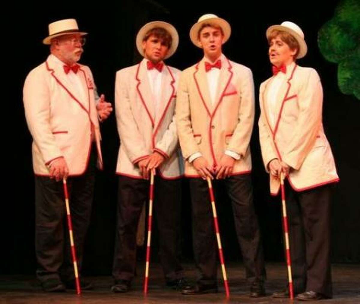 Shaun Michael McCown, left, Jeff van Wageningen, Justin White and Kristi Blair are part of The Music Man cast, which is playing at The Country Playhouse through Saturday. For ticket information and showtimes, call 713-467-4497 or go to www.countryplayhouse.org.