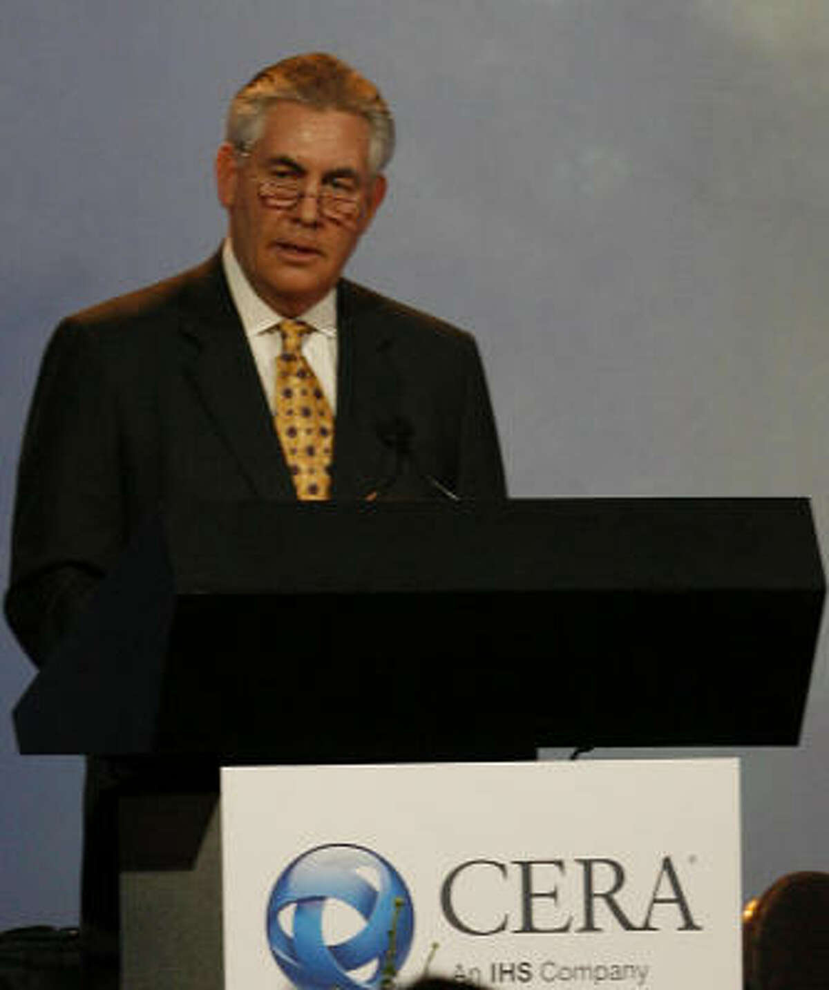 Rex Tillerson, chairman and CEO of Exxon Mobil addresses the Cambridge Energy Research Associates annual conference on its opening day Tuesday at the Westin Galleria.