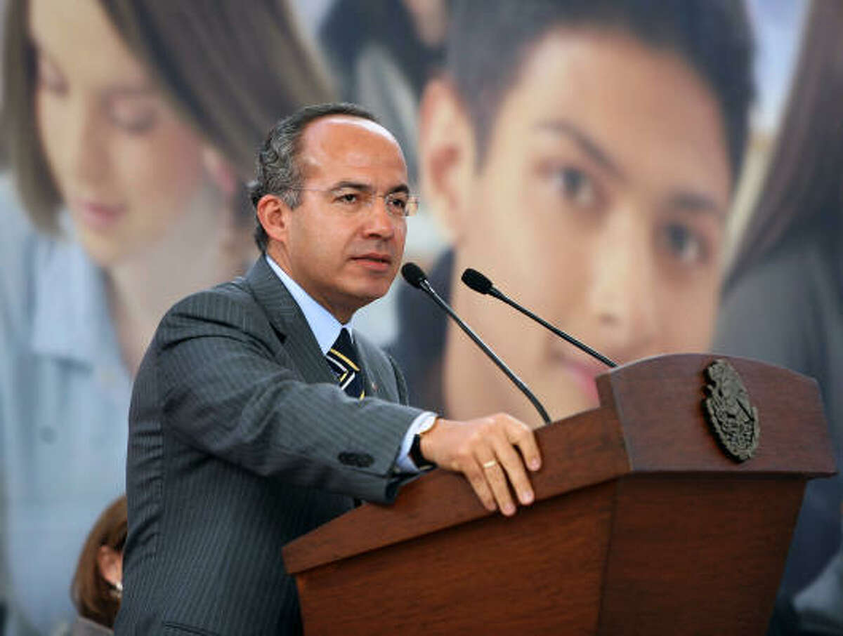 Mexican President Felipe Calderon speaks at the Science Academy in Mexico City about the joint anti-drug plan with the United States.