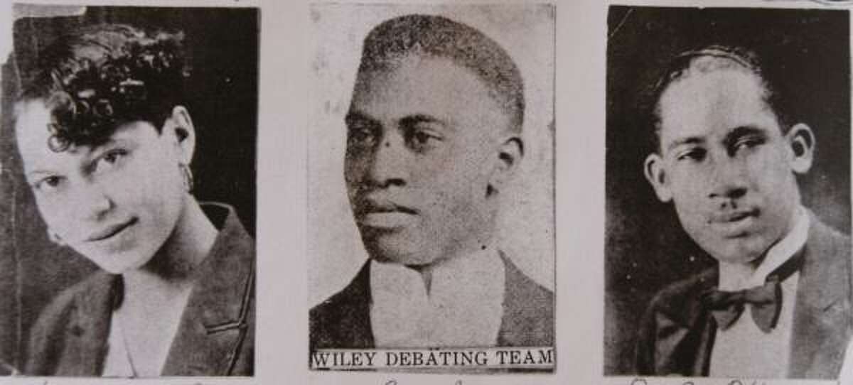 A Wiley College yearbook shows debate team member Henrietta Wells, coach Melvin B. Tolson, center, and team member J.E. Hines. In 1935, a debate team from the Texas school beat the national champions from the University of Southern California, now depicted in the film The Great Debaters.