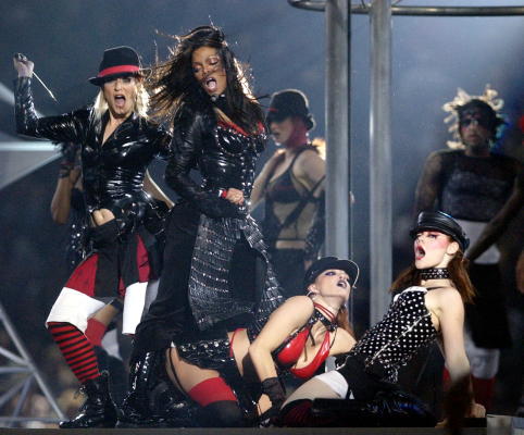 Janet Jackson is exposed during her half time performance with Justin  Timberlake at Super Bowl XXXVIII. The New England Patriots face the  Carolina Panthers at Reliant Stadium in Houston, Texas on February