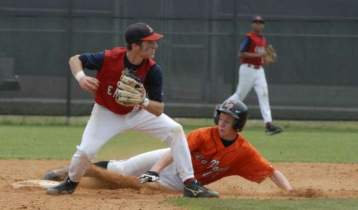 La Porte's Blake Marchal is put out by the force at second base by Atascocita's Thomas Doucherty, but the Bulldogs won 13-2 to advance to the next round of the playoffs.