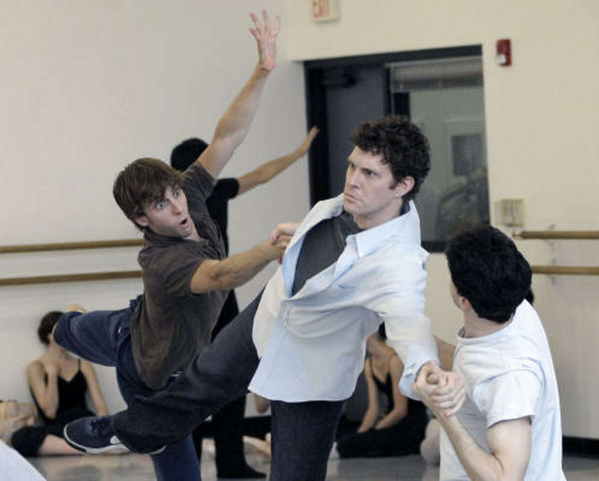 West University Place resident Justin Doran, top, rehearses with Houston Ballet dancers, left, Alex Pandiscio, Peter Franc, Jonathan Davidsson and Christopher Stalzer for Carnival of the Animals, which opens tonight.