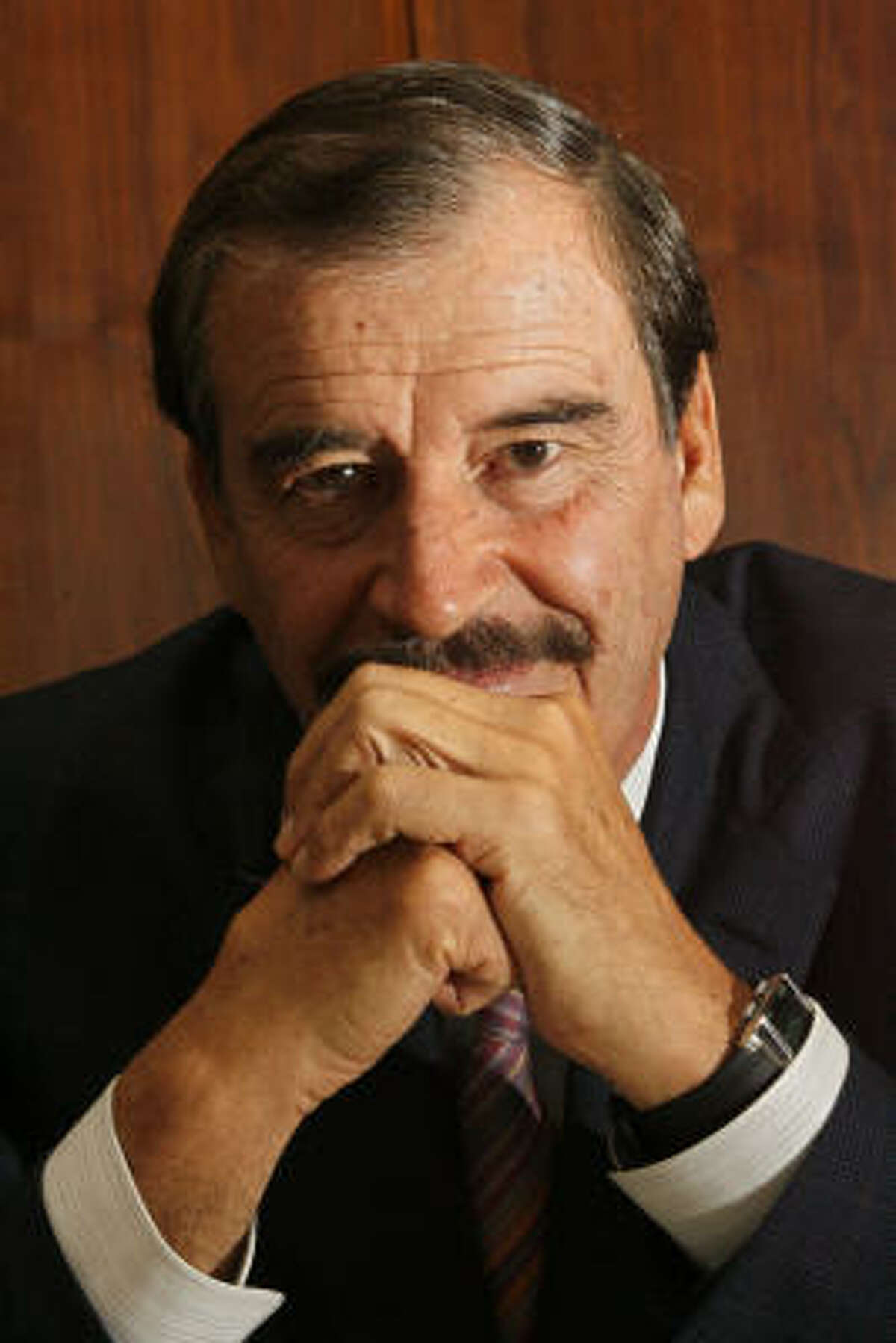 Former Mexican President Vicente Fox speaks to the Houston Chronicle editorial board Monday in Houston.