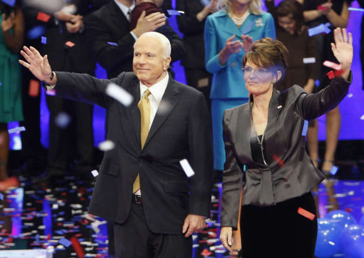 John McCain and Sarah Palin wave after his acceptance speech at the Republican National Convention in St. Paul, Minn., Thursday.