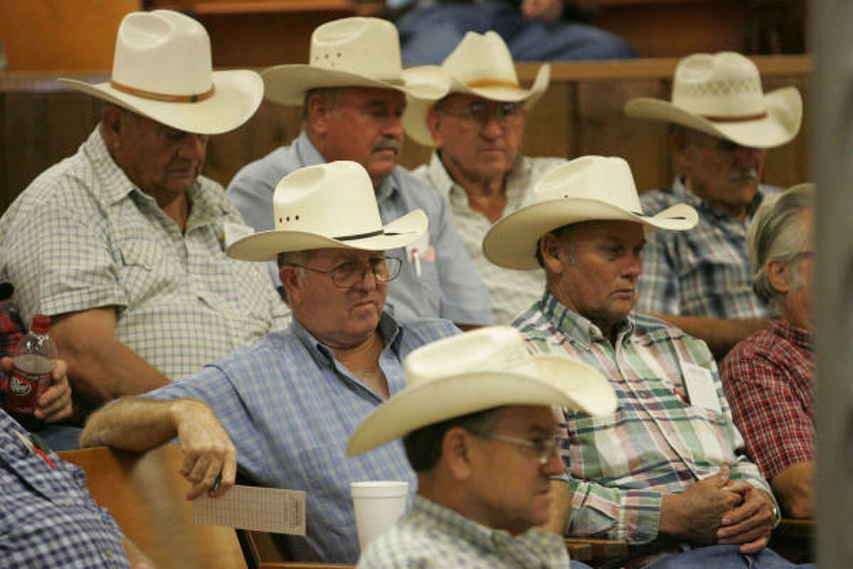 Spectators look on at the Lockhart cattle auction Thursday. Bill Hyman, executive director of the Independent Cattlemen's Association of Texas, calls it "sort of a depressing scene for a lot of these folks."