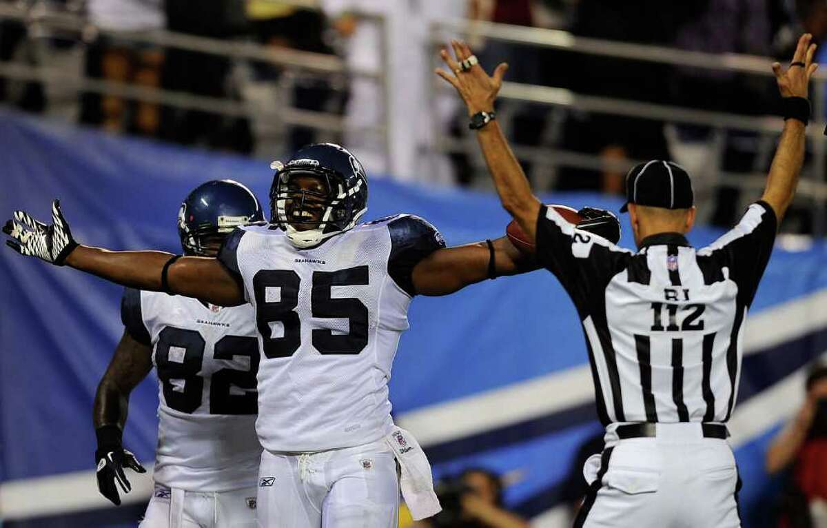 Anthony McCoy #85 of the Seattle Seahawks celebrates his touchdwon against the San Diego Chargers.