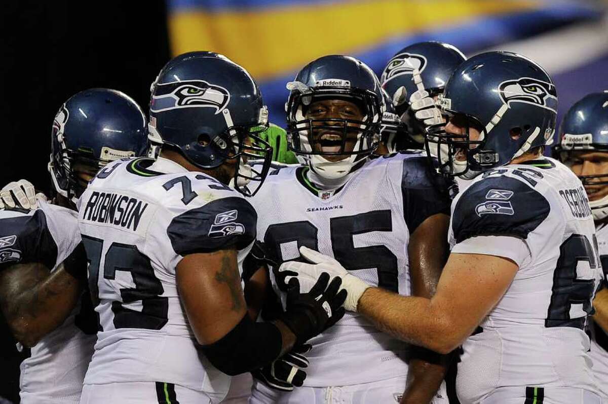 Anthony McCoy #85 of the Seattle Seahawks celebrates his touchdwon against the San Diego Chargers.