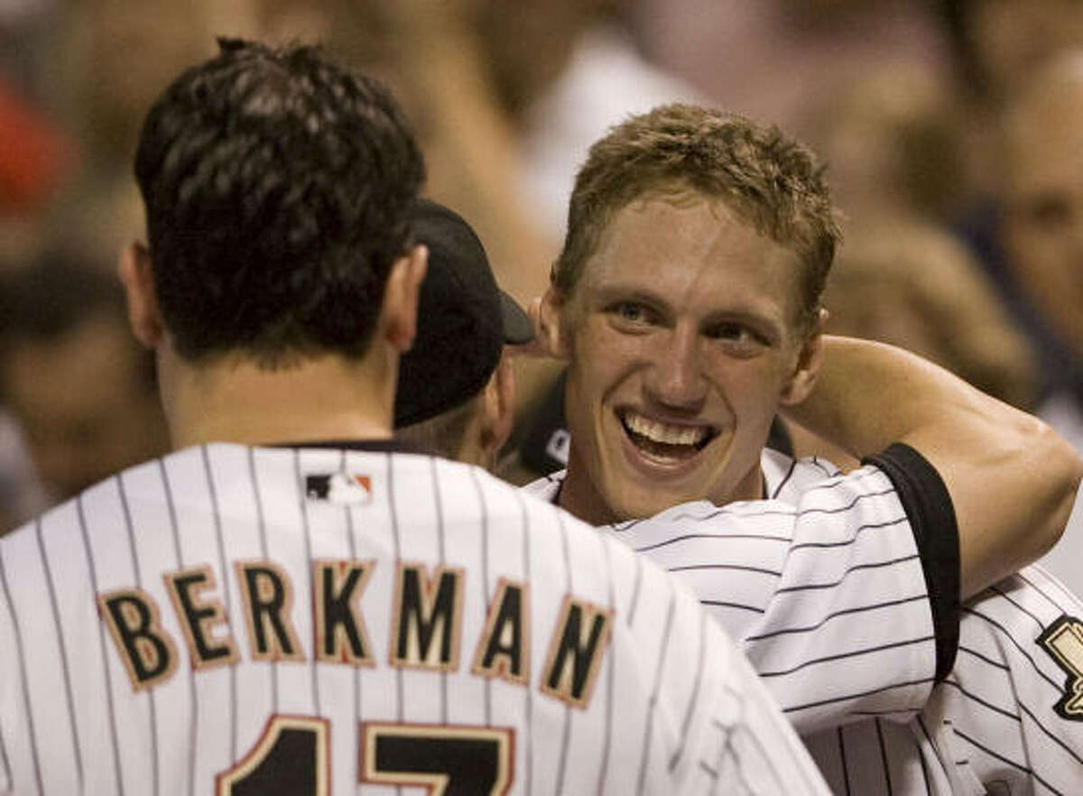 A big hit brings a big smile to Hunter Pence as he enjoys his walk-off homer in the 13th inning that beat the Phillies on July 3, 2007.