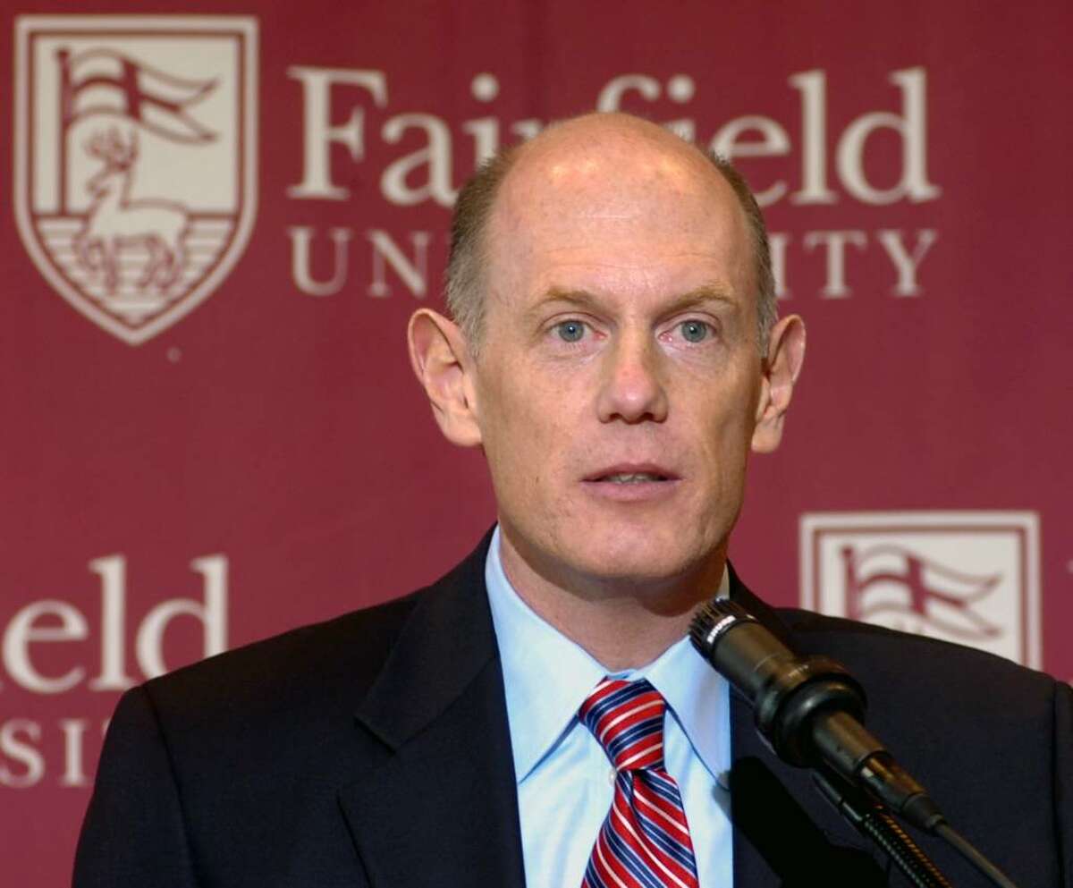 Fairfield University's women's basketball coach Joe Frager speaks at a press conference at the Barone Campus Center in April 2007.