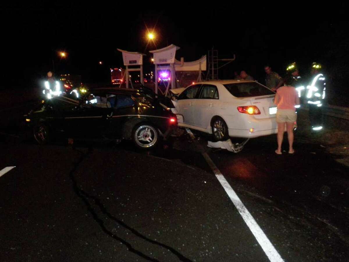 The scene of a collision between three vehicles -- one towing a sailboat trailer -- on Interstate 95 in Westport early Friday.