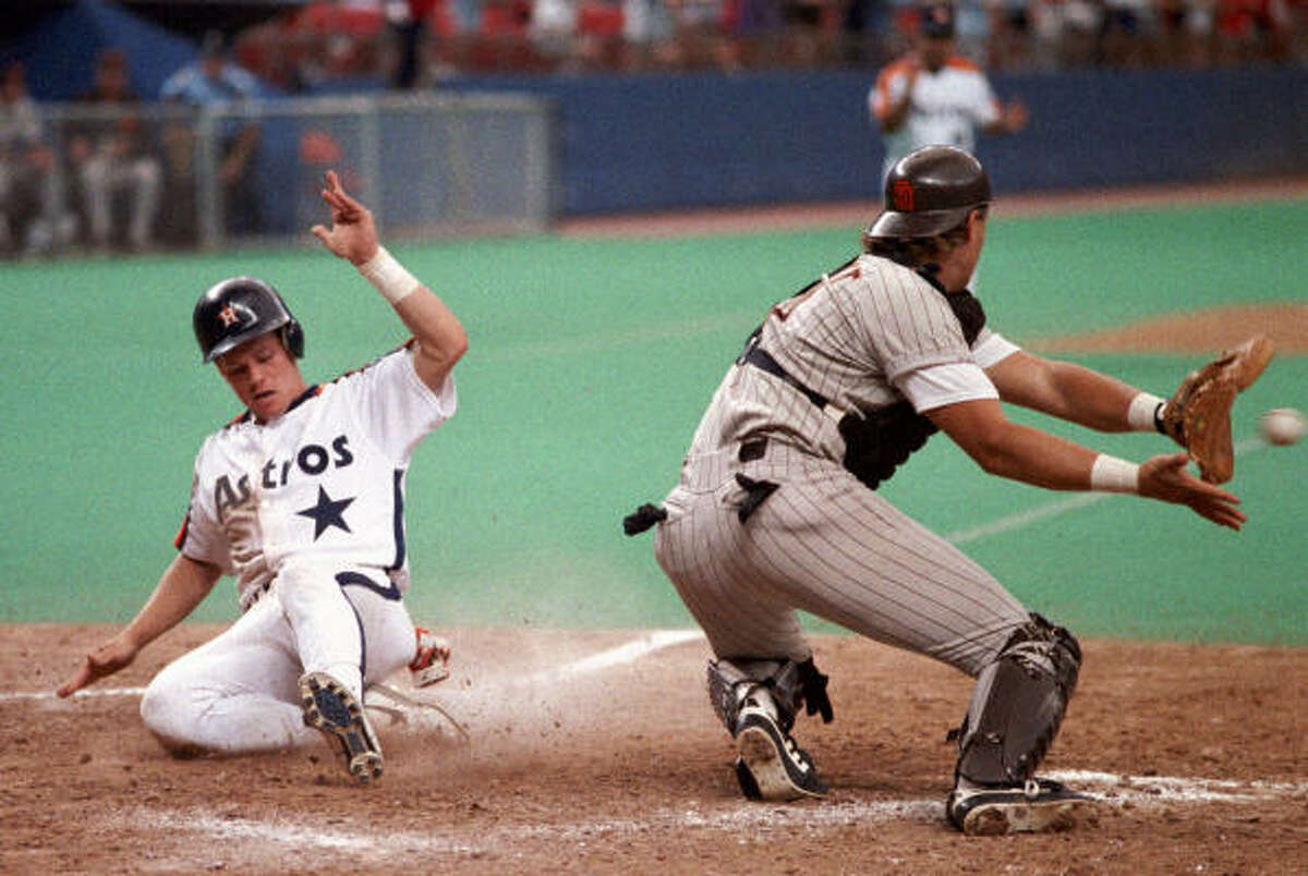 1990 - Craig Biggio scores against the San Diego Padres, June 28, 1990 at the Astrodome.