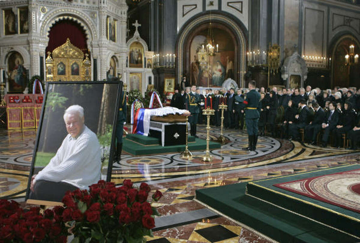 A portrait of former Russian President Boris Yeltsin, who died Monday of heart failure at 76, is displayed at the cathedral.