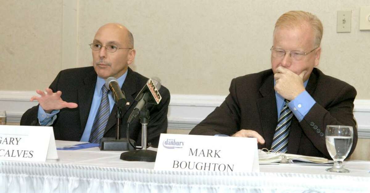 The Greater Danbury Chamber of Commerce hosted a Danbury Mayoral Debate Wednesday at the Holiday Inn in Danbury. Left is Democrat Gary Goncalves, right is Republican incumbant mayor Mark Boughton Wednesday, Oct. 14, 2009