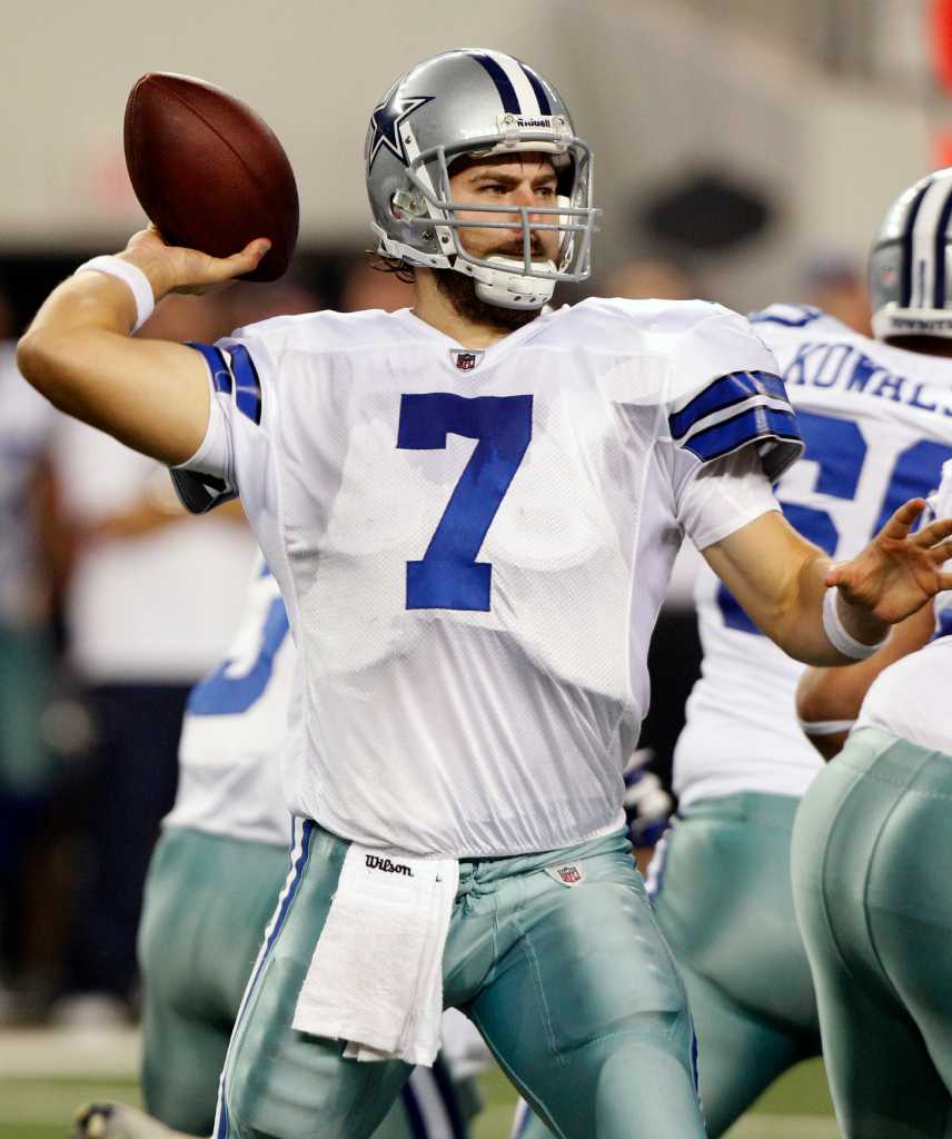 Dallas Cowboys quarterback Stephen McGee (7) is hit as he tries to throw by Houston  Texans defensive tackle Malcolm Sheppard (67) during the fourth quarter of  an NFL preseason football game Saturday