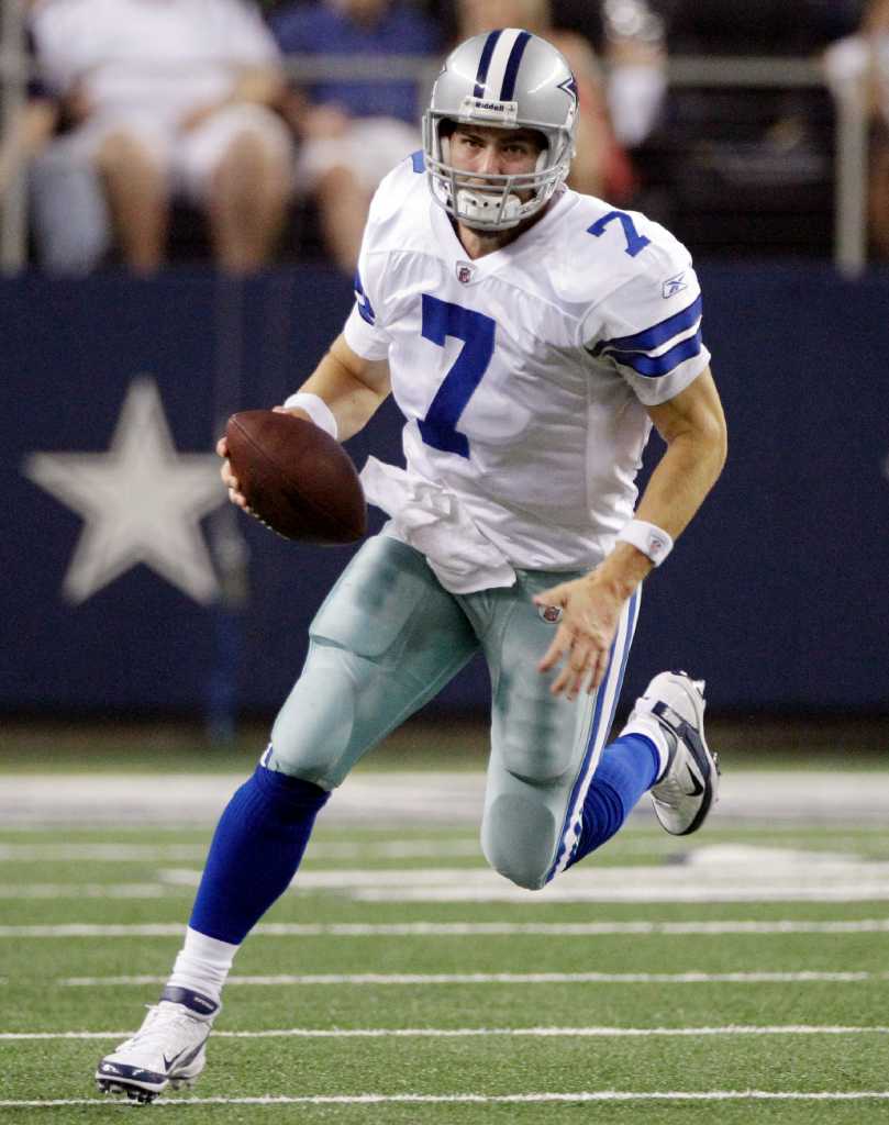 Dallas Cowboys quarterback Stephen McGee (7) tries to take the ball down  field in the first half of their pre-season footbal…