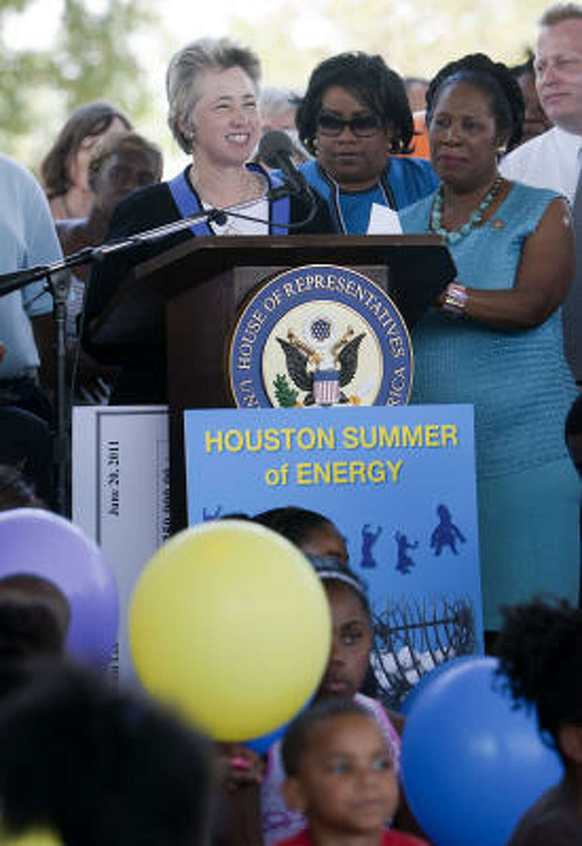 Mayor Annise Parker, left, and U.S. Rep. Sheila Jackson Lee, far right, announced the donation by Marathon Oil and ConocoPhillips on Monday at Independence Heights Park.