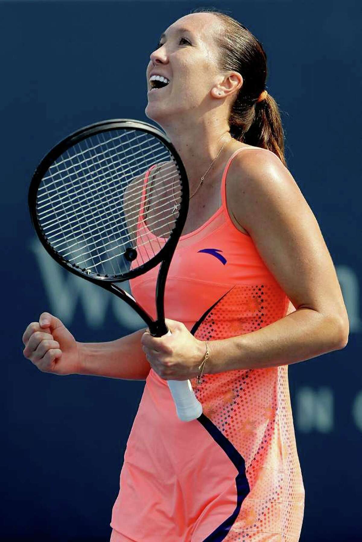 MASON, OH - AUGUST 17: Jelena Jankovic of Serbia celebrates match point Jie Zheng of China during the Western & Southern Open at the Lindner Family Tennis Center on August 17, 2011 in Mason, Ohio. (Photo by Matthew Stockman/Getty Images)