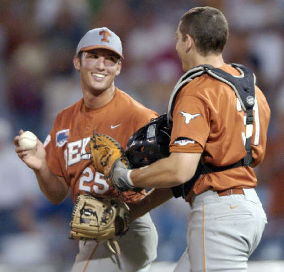 Huston Street Texas Street, left, earned CWS most outstanding player honors in 2002, culminating a season in which he earned four saves in four games in Omaha, a CWS record, in leading the Longhorns to the title. Street, one of the college game’s all-time nice guys and son of one-time UT quarterback James Street, was drafted by Oakland in 2004 and within a year was pitching in the majors.
