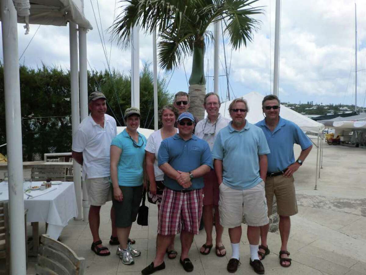 Aboard Gadzooks on the 2011 Marion to Bermuda was a crew consisting of (from left, back to front) Larry Mead, Hank Sagman, Geoff Beringer (skipper and owner), Dick Marsh, Mike McGuire, Lisa Jewett, Tim Walsh and Marine Robin.